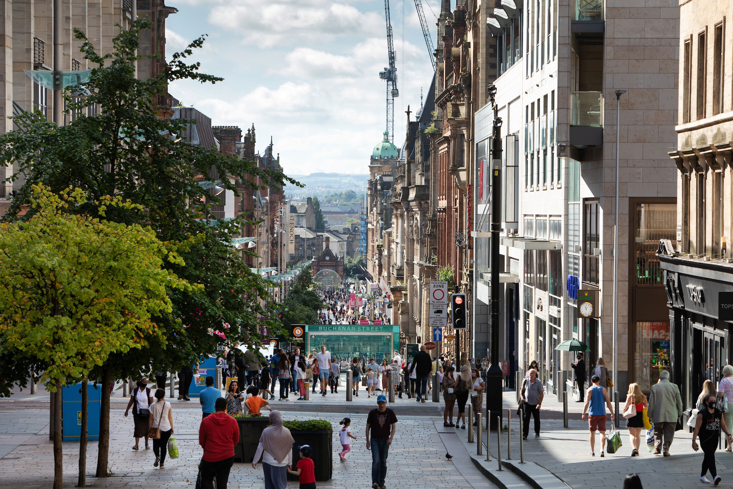 Looking down Buchanan Street, Glasgow towards St Enoch Square and the River Clyde