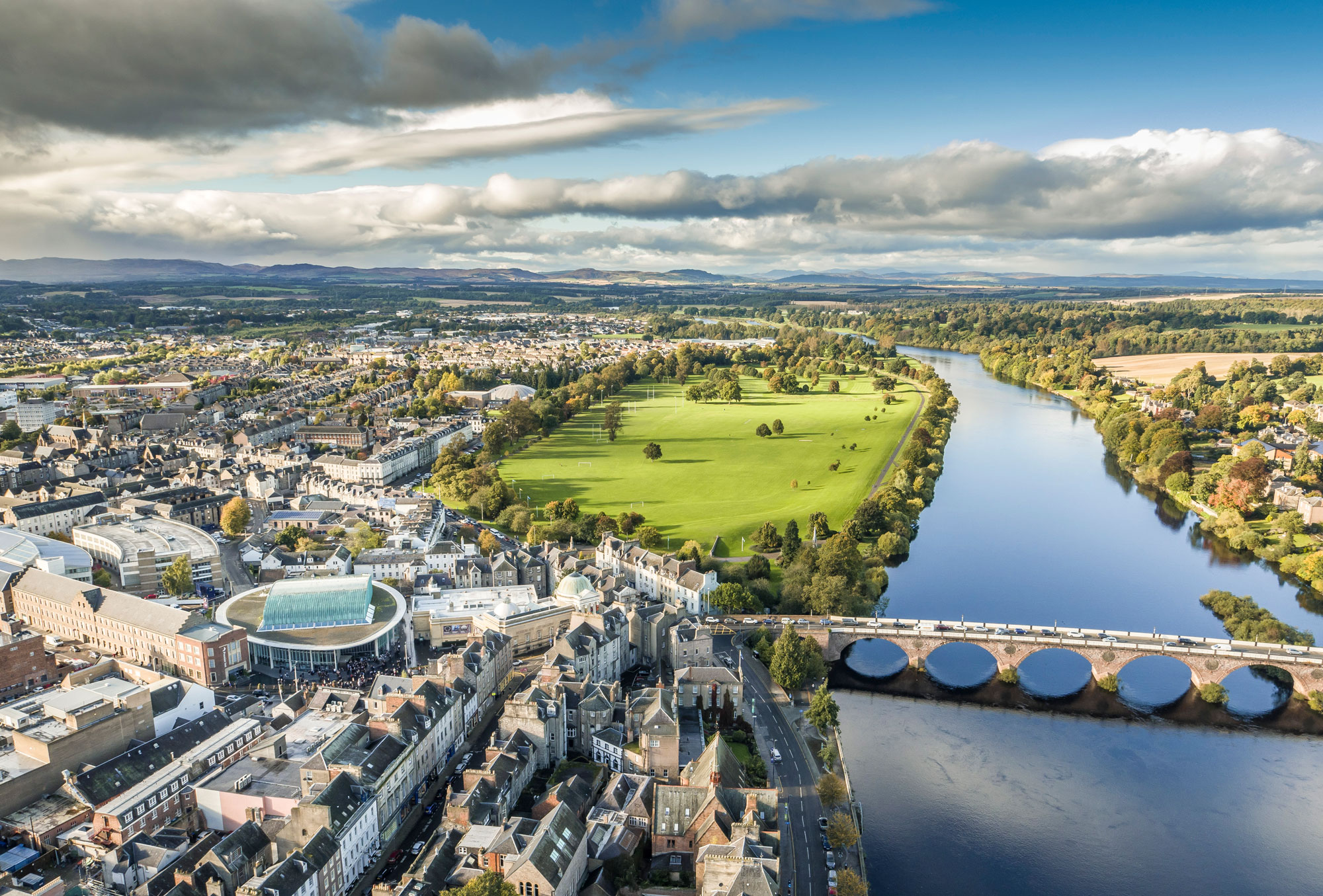 A view down the river the River Tay over Perth City Center