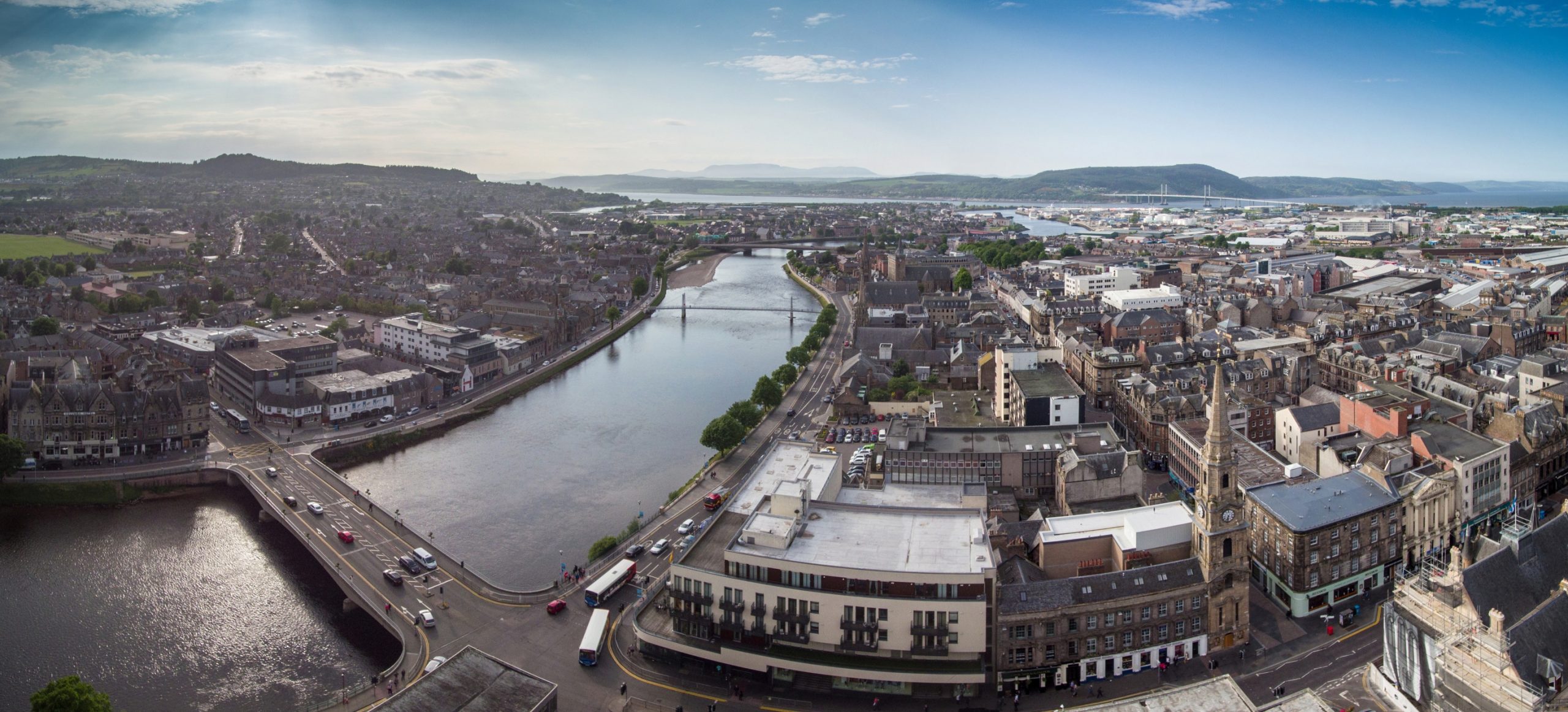 An aerial shot of Inverness city looking down the River Ness