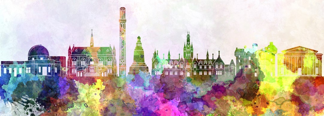An colourful watercolour illustration of the Dundee skyline