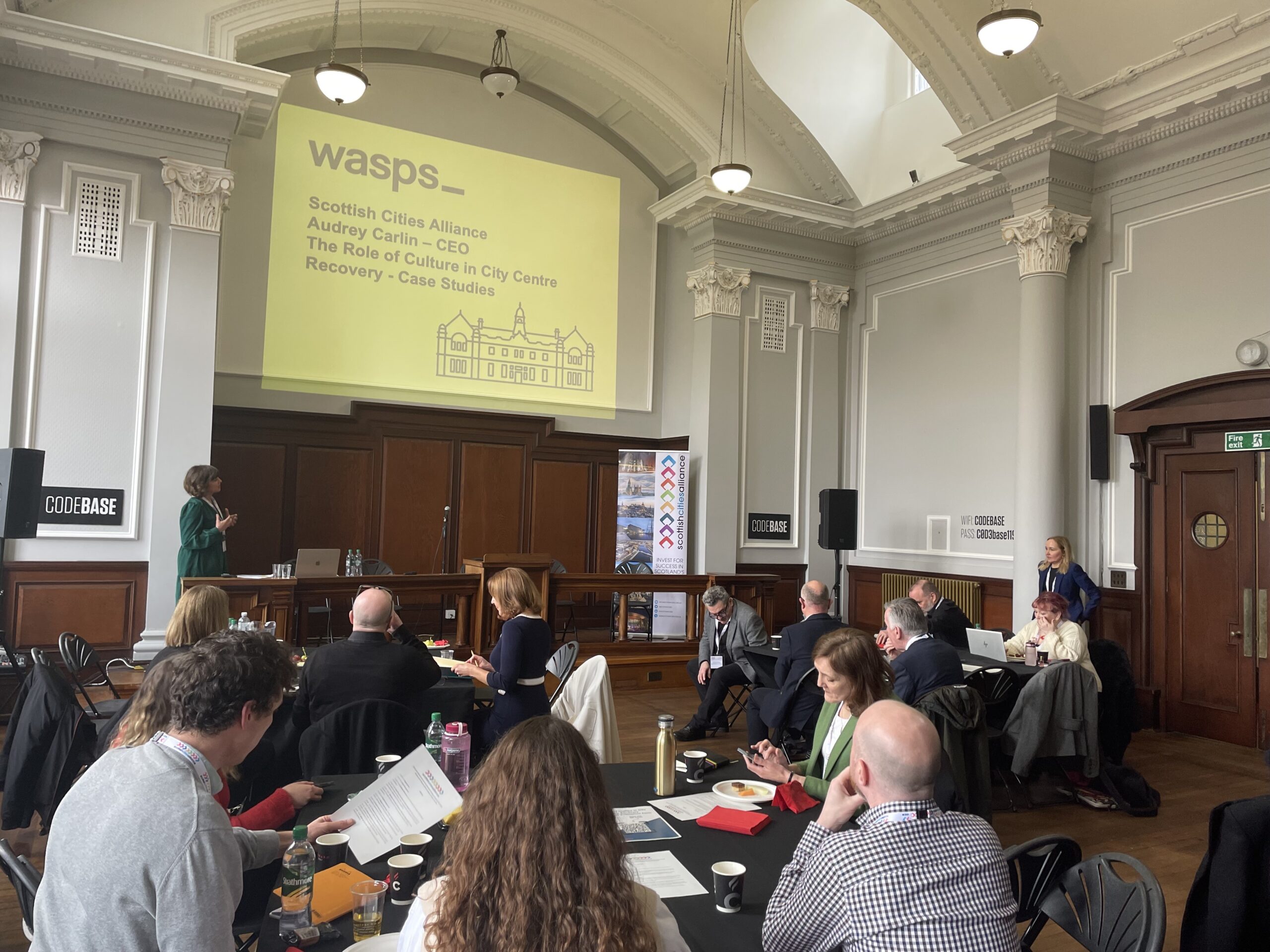 Audrey Carlin, CEO of Wasps, presenting on the role of creative studio space to foster creativity