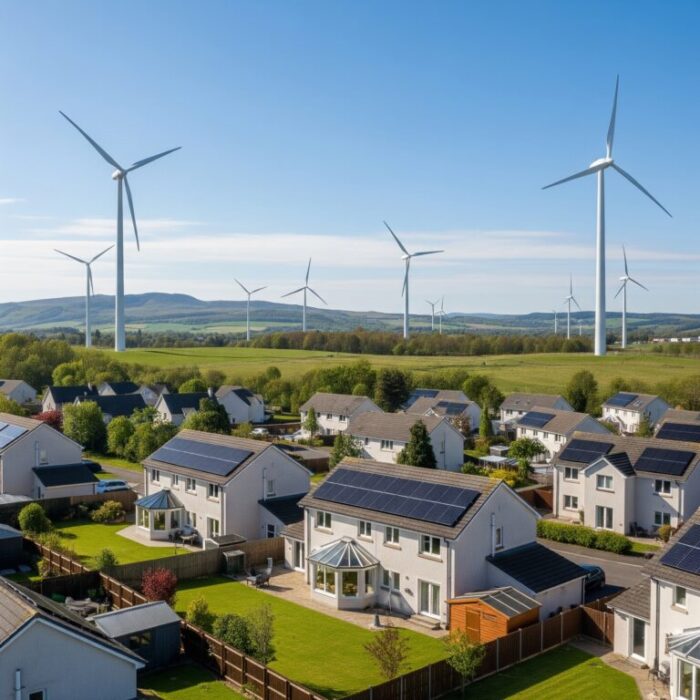 A new build housing estate fitted with solar panels with wind turbines in the distance.