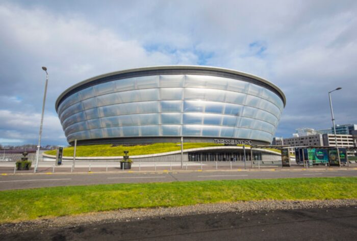 Looking up at the OVO Hydro event arena in Glasgow