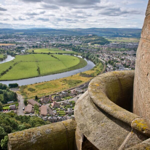 An aerial view of Stirling taken from the top of the Wallace Monument on the outskirts of the city.