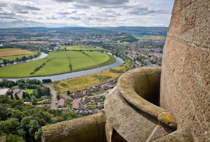 An aerial view of Stirling taken from the top of the Wallace Monument on the outskirts of the city.