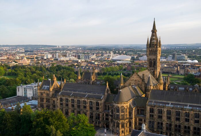 An aerial view the historic tower at the University of Glasgow's Hunterian building.