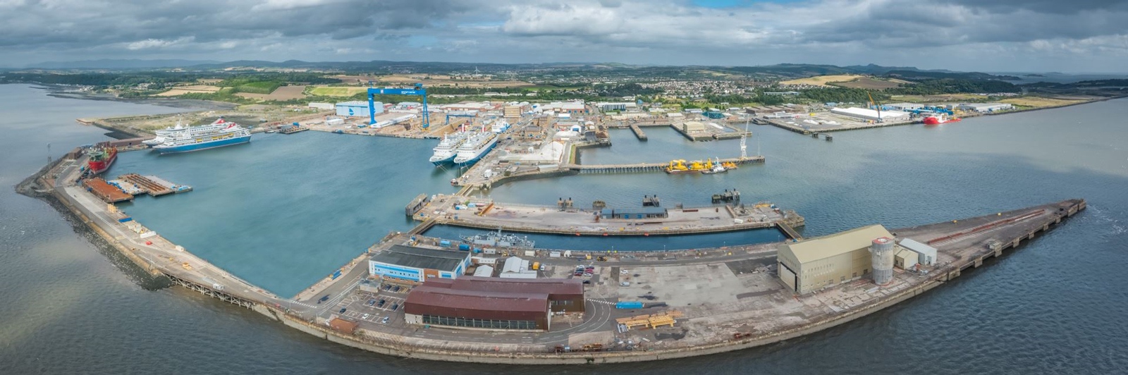 An aerial image of the Babcock facility and dock in Dunfermline looking towards land